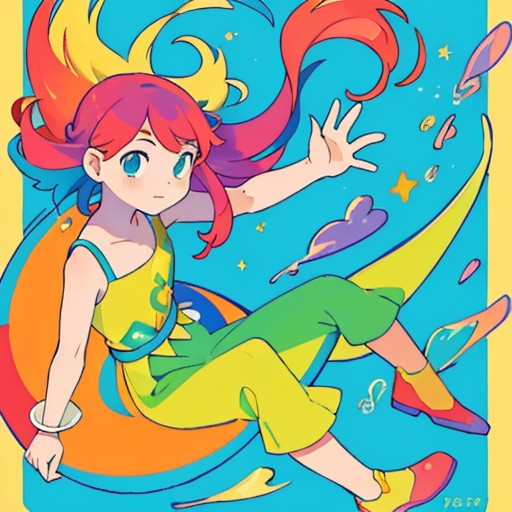 (masterpiece, best quality:1.3), (flat color:1.3),(colorful:1.3),looking at viewer,1girl,solo,floating colorful water,(2D:...